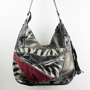 Bueno Patchwork Shoulder Bag – Animal Print Mixed Textures – Silver/Black/Burgun